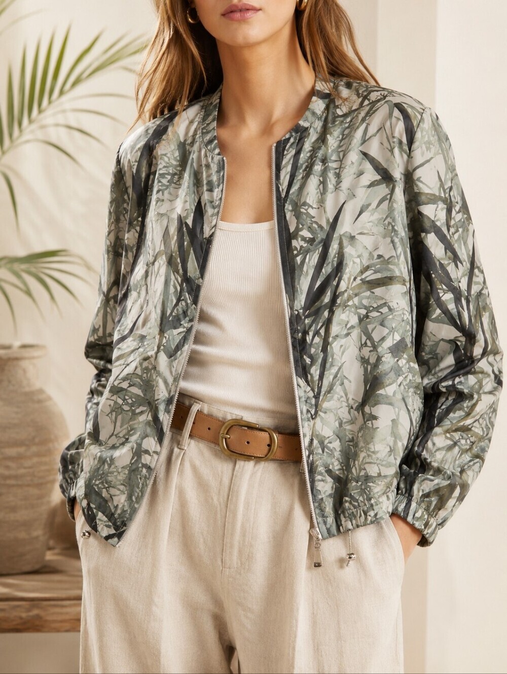 Massimo Dutti Palm Leaf Print Bomber Jacket Lightweight Zip Utility Coat L
